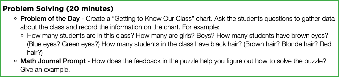 Problem Solving (20 minutes) Problem of the Day - Create a  Getting to Know Our Class  chart  Ask the students questi   