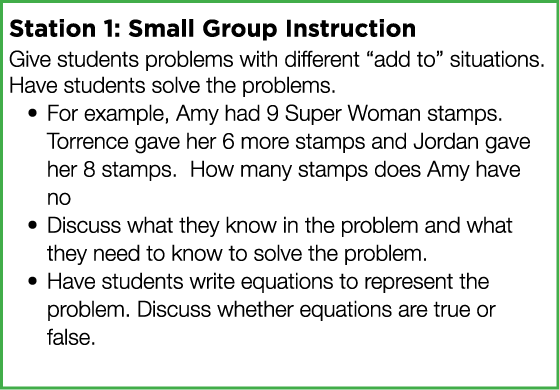 Station 1: Small Group Instruction Give students problems with different  add to  situations  Have students solve the   