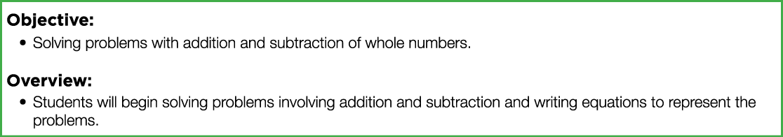 Objective: Solving problems with addition and subtraction of whole numbers  Overview: Students will begin solving pro   