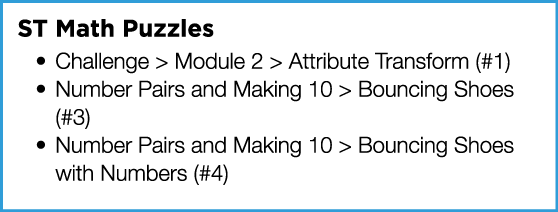 ST Math Puzzles Challenge   Module 2   Attribute Transform (#1) Number Pairs and Making 10   Bouncing Shoes (#3) Numb   