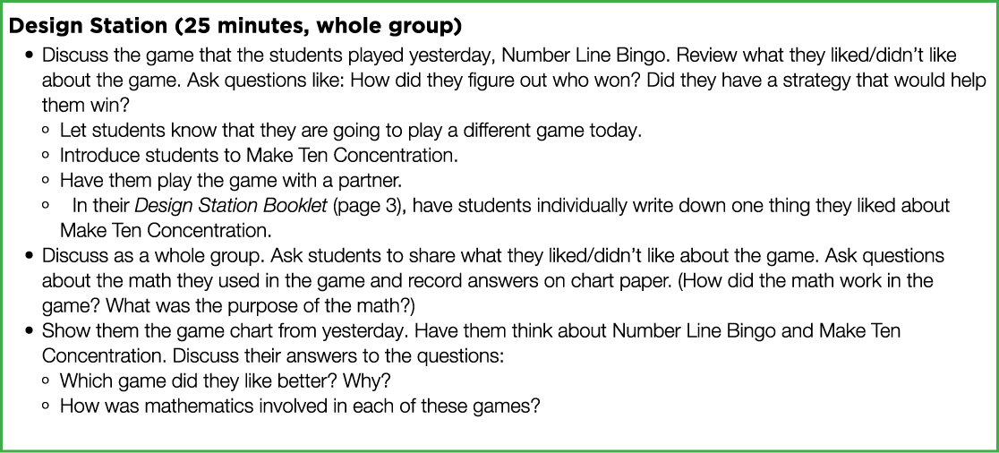 Design Station (25 minutes, whole group) Discuss the game that the students played yesterday, Number Line Bingo  Revi   