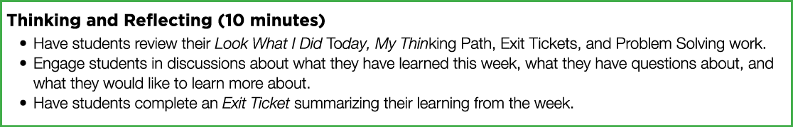 Thinking and Reflecting (10 minutes) Have students review their Look What I Did Today, My Thinking Path, Exit Tickets   