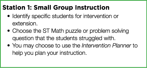 Station 1: Small Group Instruction Identify specific students for intervention or extension  Choose the ST Math puzzl   