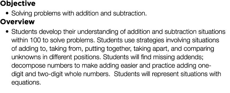 Objective Solving problems with addition and subtraction  Overview Students develop their understanding of addition a   