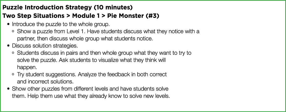Puzzle Introduction Strategy (10 minutes) Two Step Situations   Module 1   Pie Monster (#3) Introduce the puzzle to t   