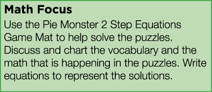 Math Focus Use the Pie Monster 2 Step Equations Game Mat to help solve the puzzles  Discuss and chart the vocabulary    