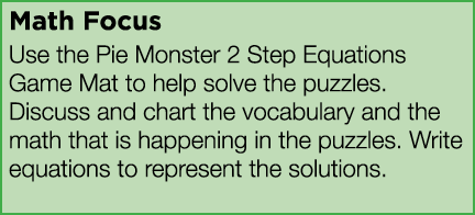 Math Focus Use the Pie Monster 2 Step Equations Game Mat to help solve the puzzles  Discuss and chart the vocabulary    