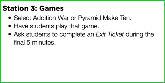 Station 3: Games Select Addition War or Pyramid Make Ten  Have students play that game  Ask students to complete an E   