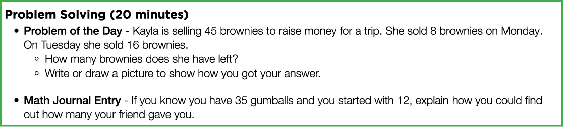 Problem Solving (20 minutes) Problem of the Day - Kayla is selling 45 brownies to raise money for a trip  She sold 8    