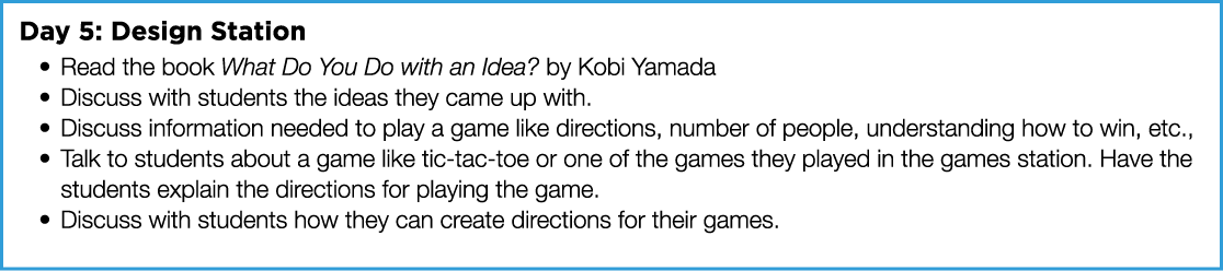 Day 5: Design Station Read the book What Do You Do with an Idea  by Kobi Yamada Discuss with students the ideas they    